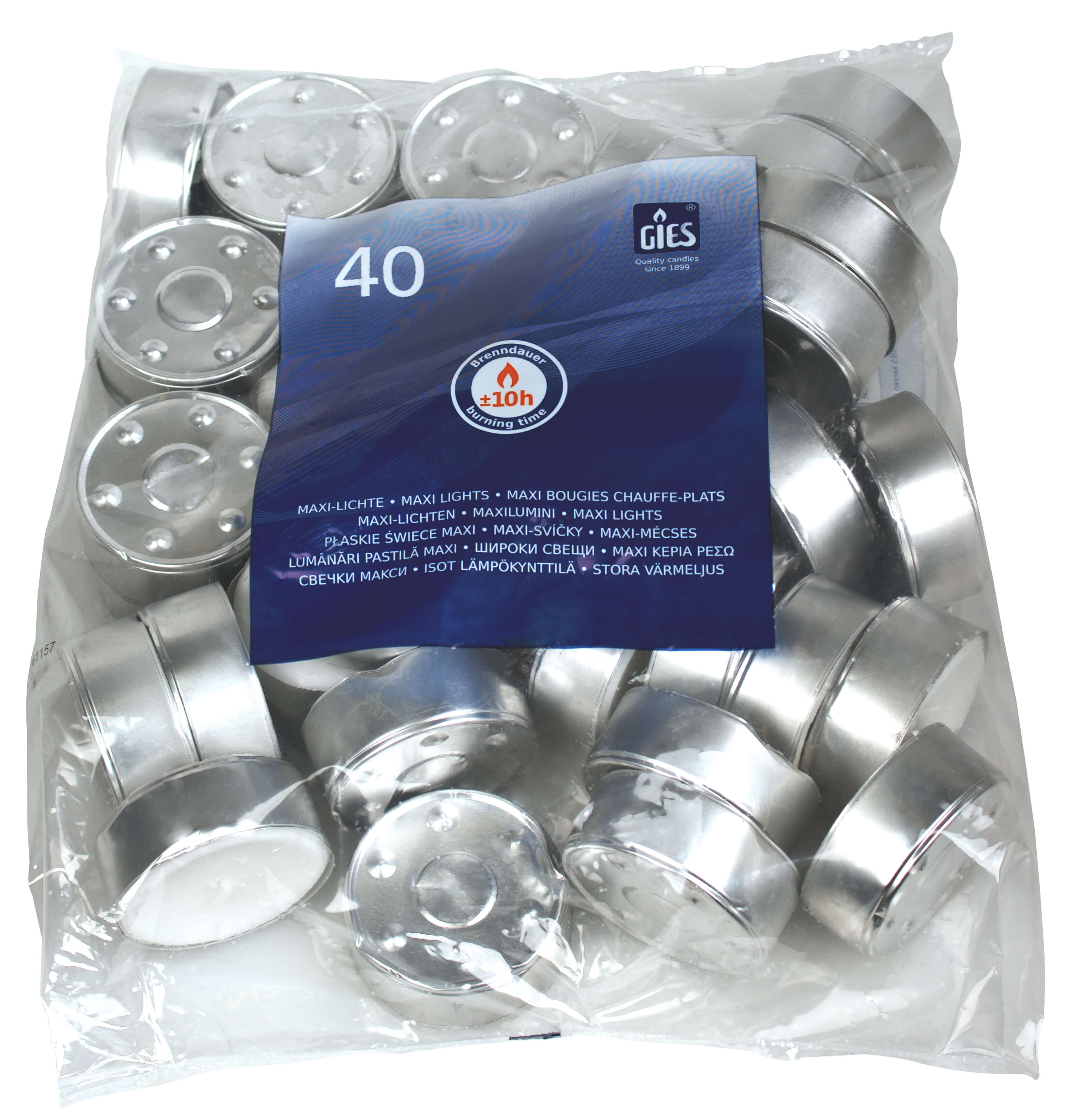 Velas maxi para tazas de té, Gies, 10 horas, 23 x 59 mm, blancas (40 uds)