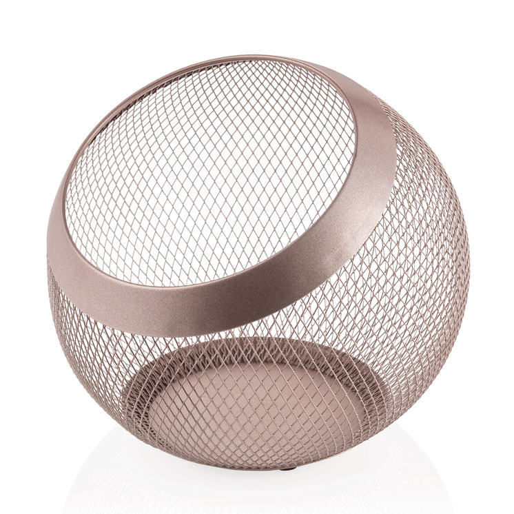 Cesta metálica en color cobre rosado, esférica - 24 x 24 cm