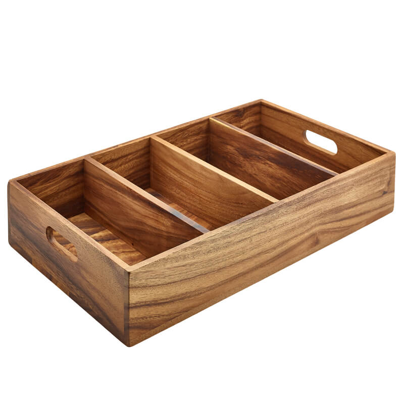 Caja para cubiertos con 4 compartimentos, madera de acacia - 53 x 32,5 x 10 cm (GN 1/1)
