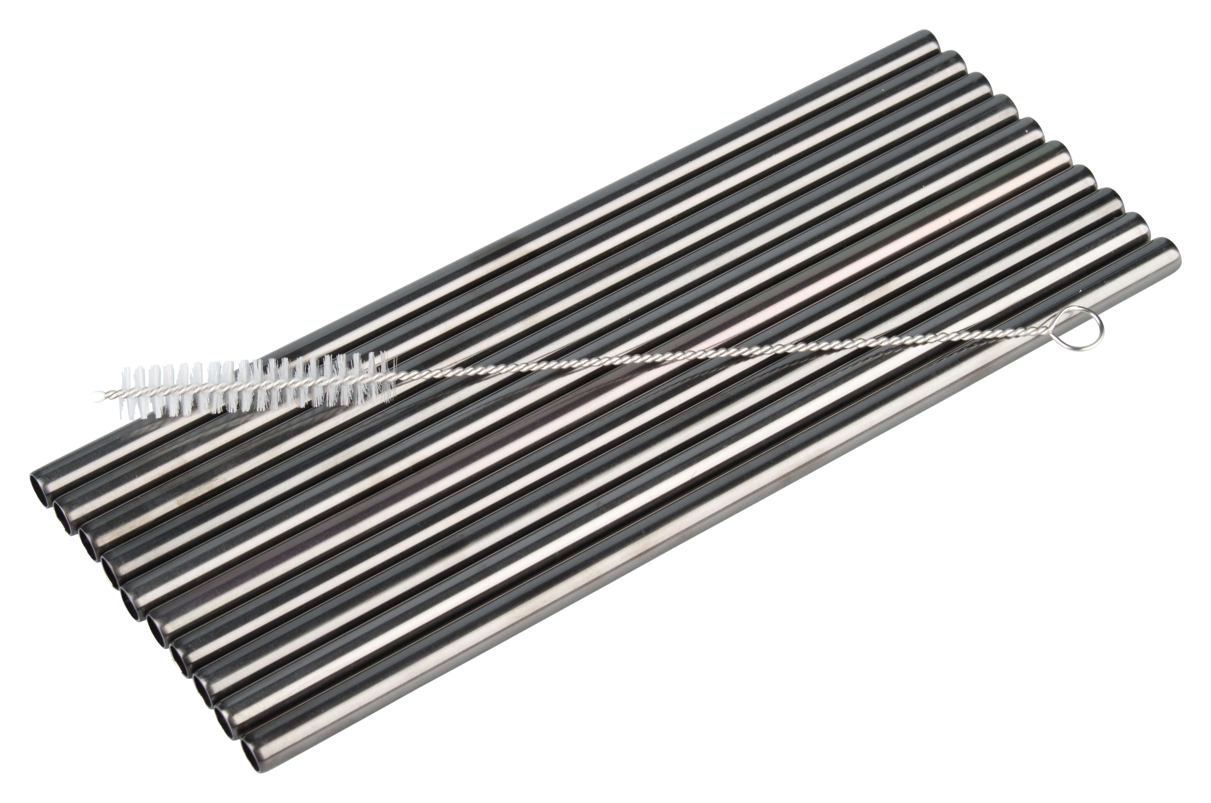 Pajitas, acero inoxidable (8 x 215 mm), negras GMB - Juego de 10 uds con cepillo de limpieza