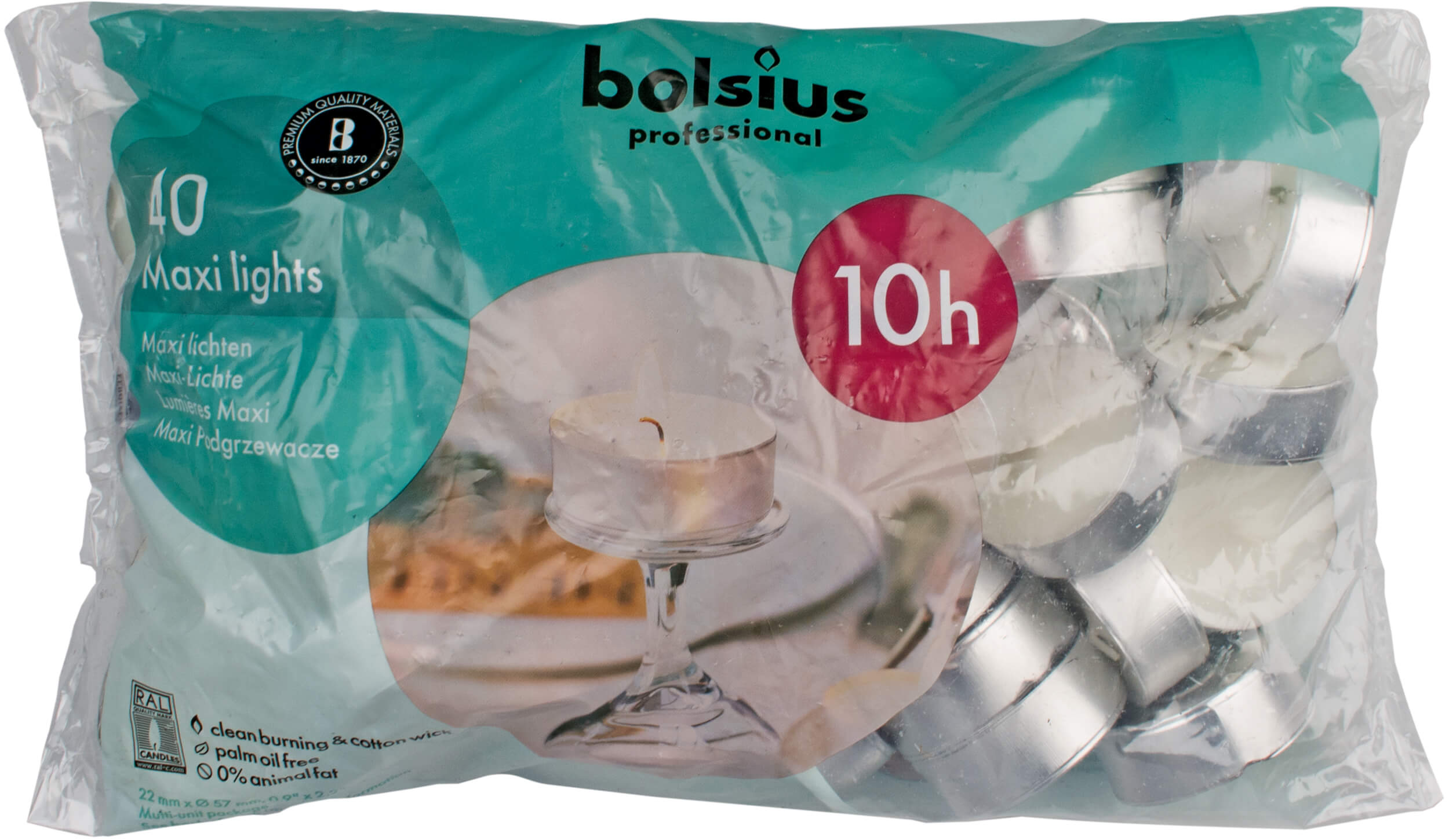 Velas maxi para tazas de té, Bolsius, 10 horas, 22 x 60 mm, blancas (40 uds)