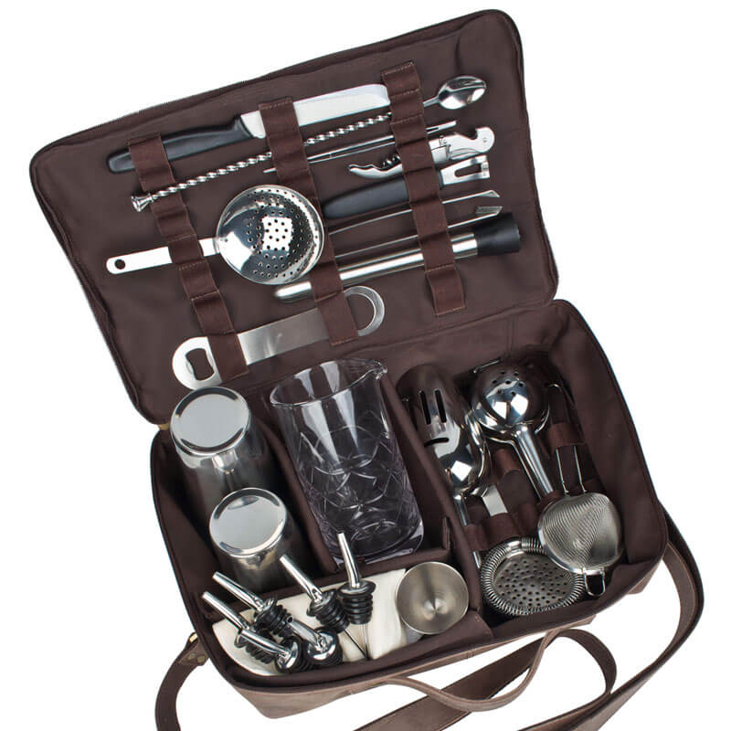 Bolsa de barman en cuero, marrón, Prime Bar, con accesorios de bar (Tin on Tin)