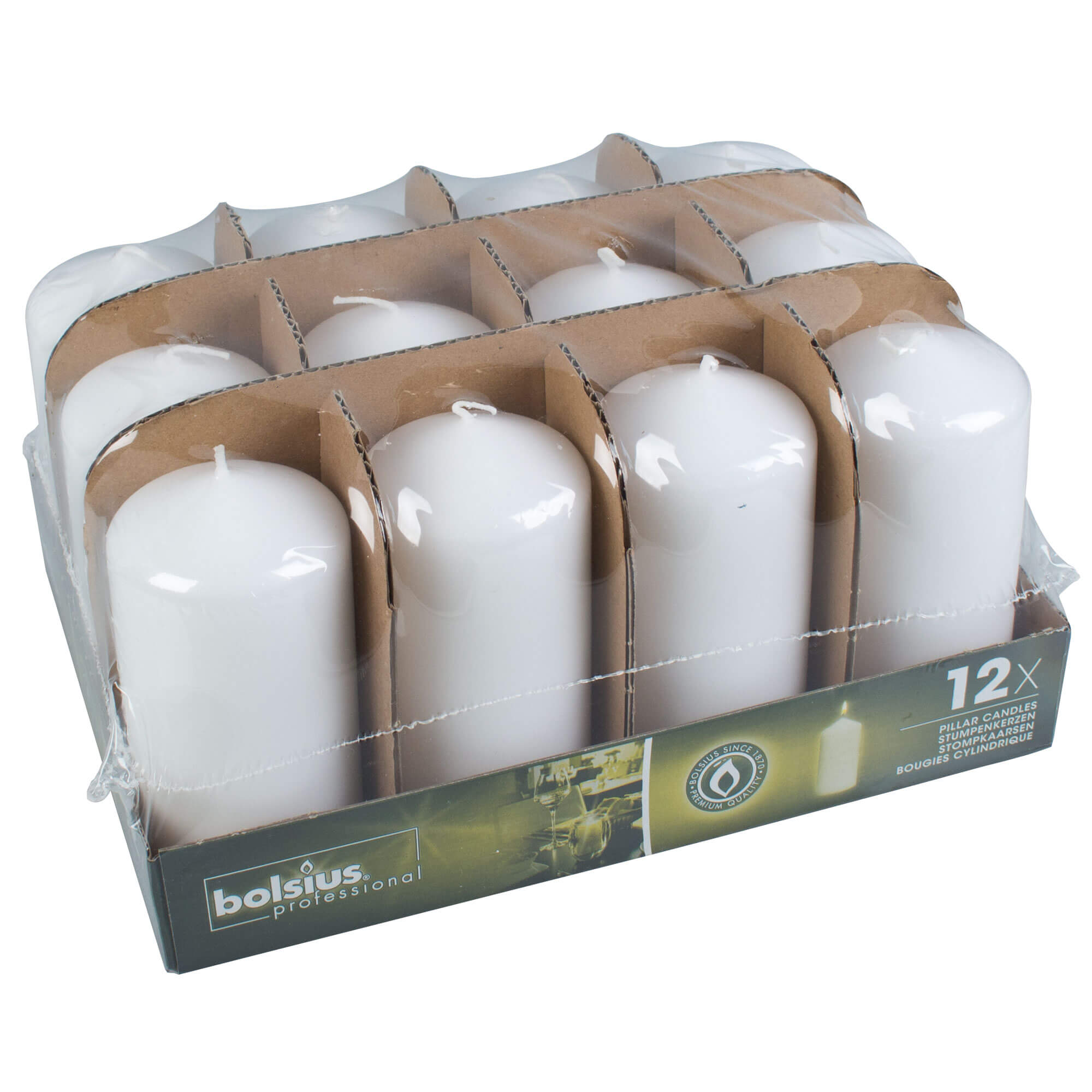 Velas cilíndricas, Bolsius, 30 horas, 11,8 x 5,8 cm - blancas (12 uds)